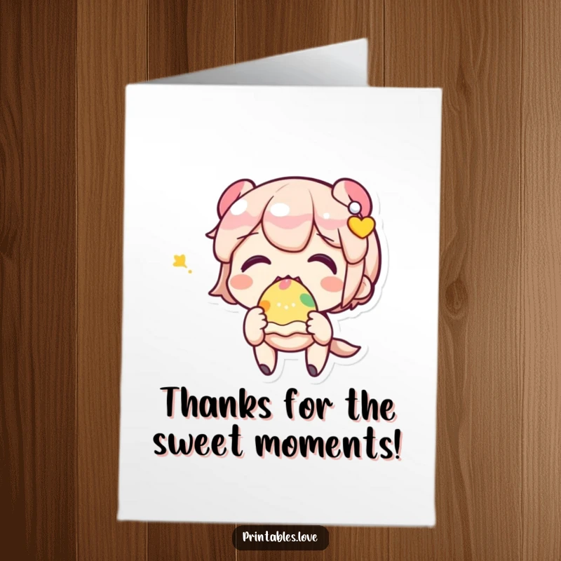 Funny Free Printable Thank You Card: A cute Kawaii character excitedly devouring a colorful sweet treat, a delightful way to say thanks.