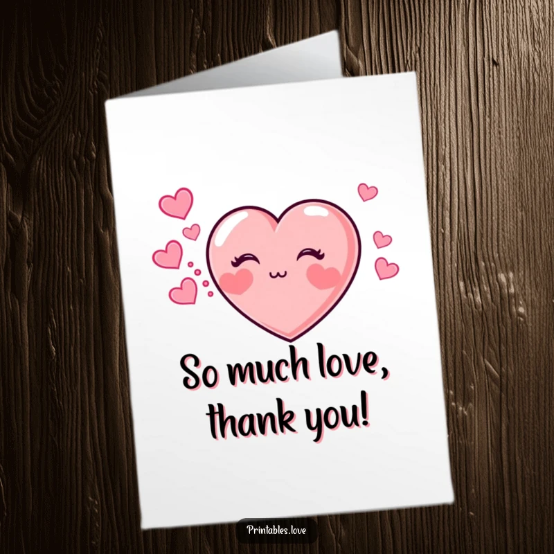 Funny Free Printable Thank You Card: A charming heart with flushed cheeks blowing a kiss and leaving a heart trail.