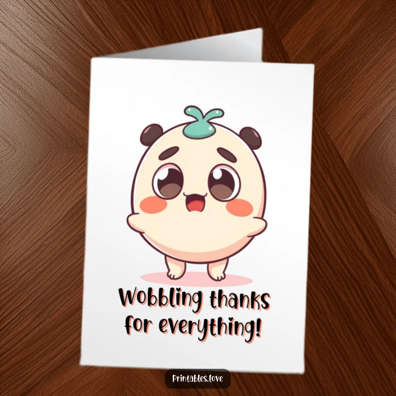Funny Free Printable Thank You Card: A Surprised Dango Character Wobbling with Gratitude and Big Eyes