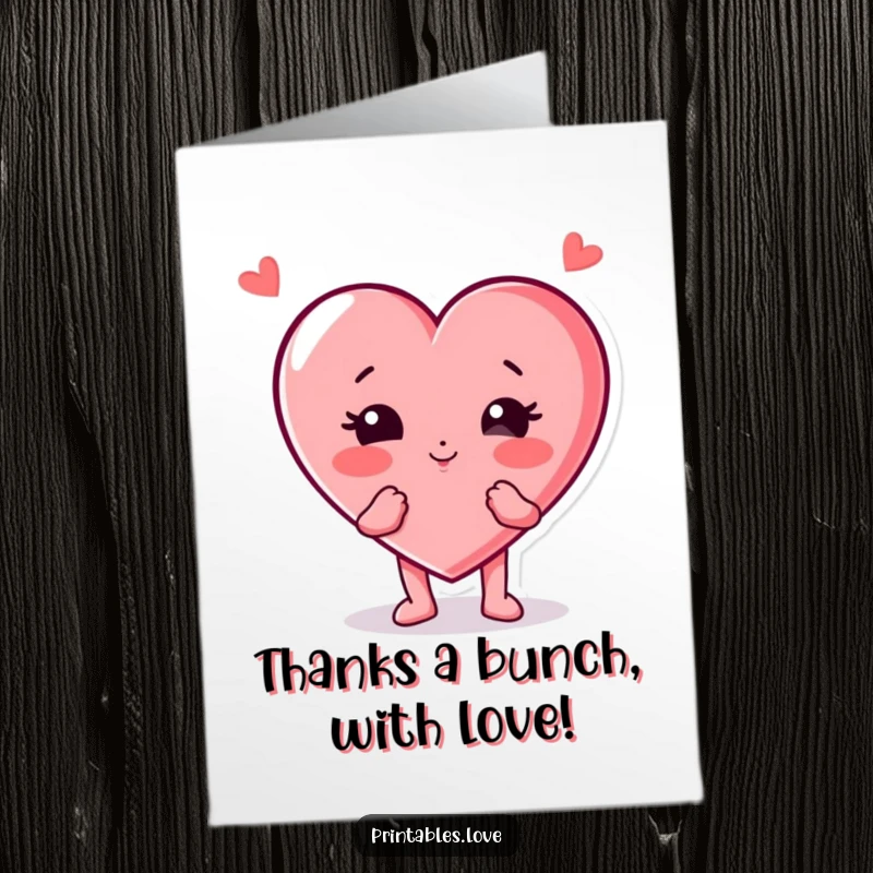 Funny Free Printable Thank You Card, a sweet heart character playfully blowing a kiss with puffed cheeks, conveying heartfelt thanks.