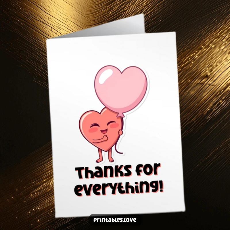 Funny Free Printable Thank You Card: A heart character winks playfully, holding a large, slightly deflated balloon as a thank you.