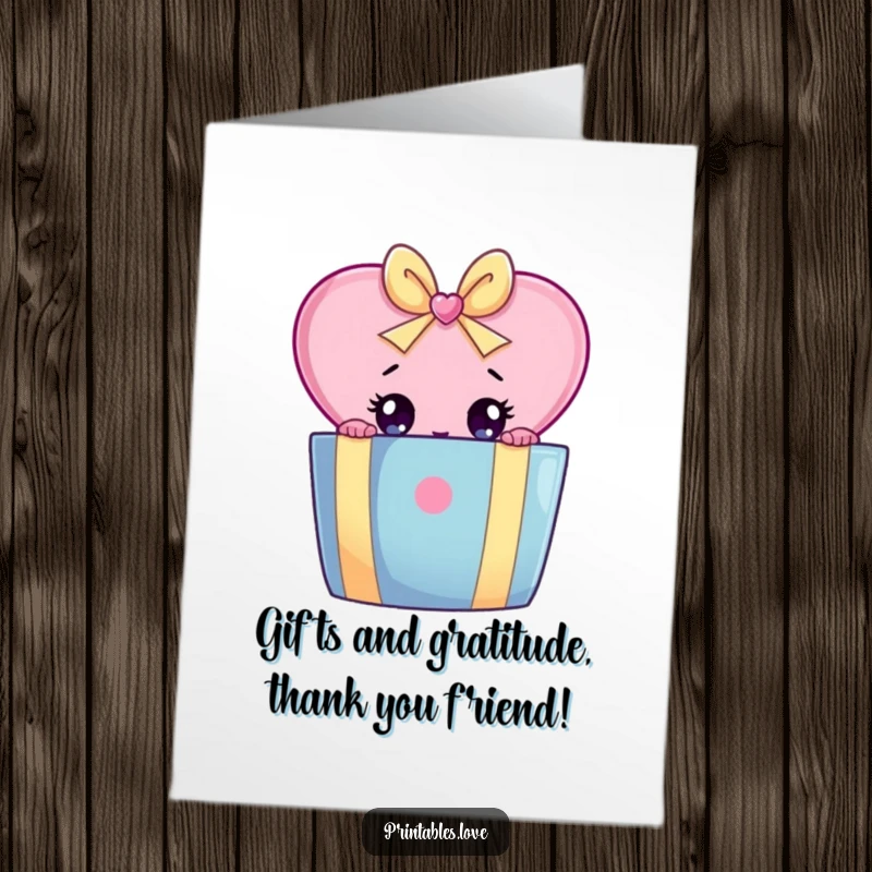 Funny Free Printable Thank You Card: A heart with surprised wide eyes peeks from behind a colorful gift box. Downloadable.