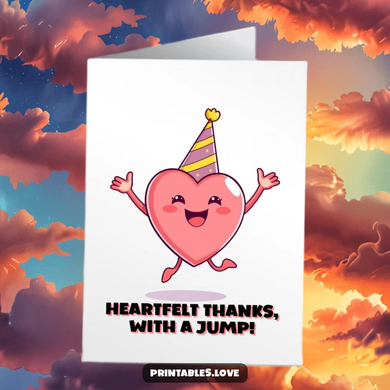 Free Printable Thank You Card: A heart adorned with a party hat, energetically jumping with excitement and thanks.