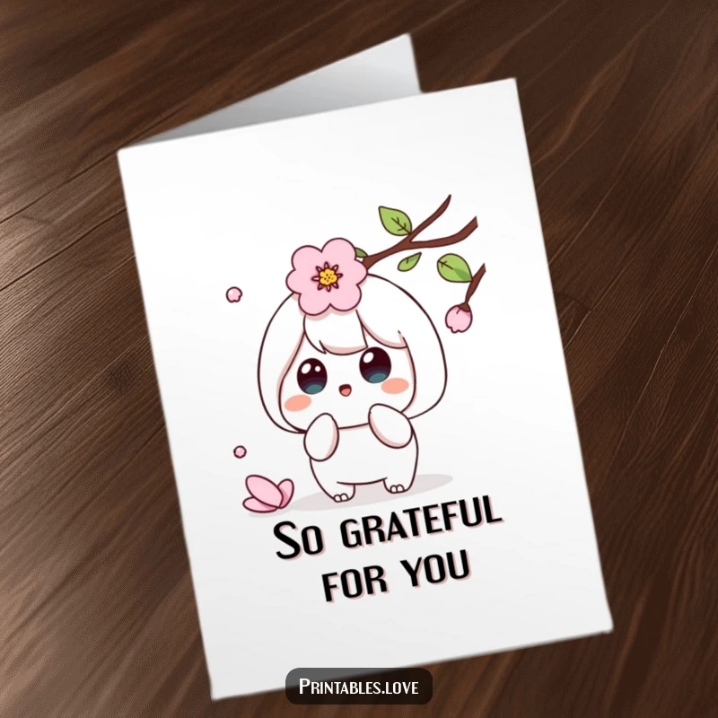 Funny Free Printable Thank You Card: Kawaii character’s adorable surprise by a falling cherry blossom petal.