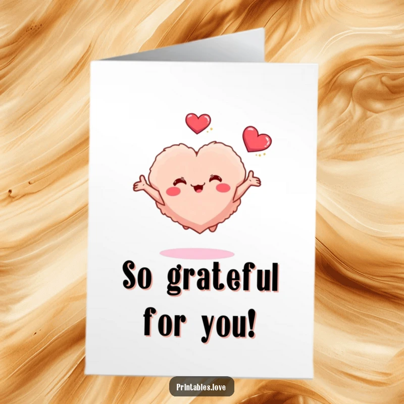 Funny Free Printable Thank You Card: A small fluffy heart joyfully reaches out to hug another, expressing heartfelt gratitude.