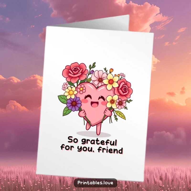 Funny Free Printable Thank You Card: Sweet heart character offers a delightfully awkward bouquet of mixed flowers.