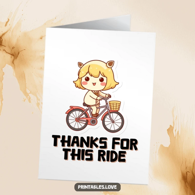 Funny Free Printable Thank You Card: A Kawaii character cheerfully riding a bicycle, petal-filled basket in tow.