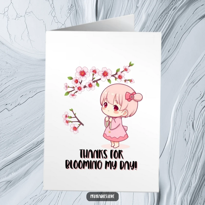 Free Printable Thank You Card of a sweet Kawaii character admiring a blooming cherry blossom branch, a symbol of gentle thanks.
