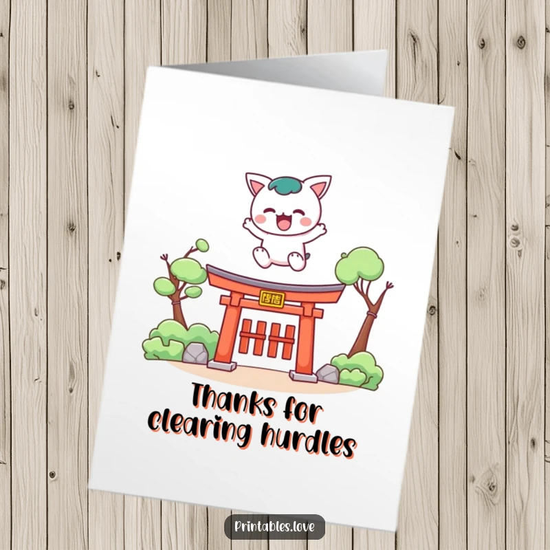 Funny Free Printable Thank You Card: Kawaii character making an impressive leap over a torii gate to express thanks.