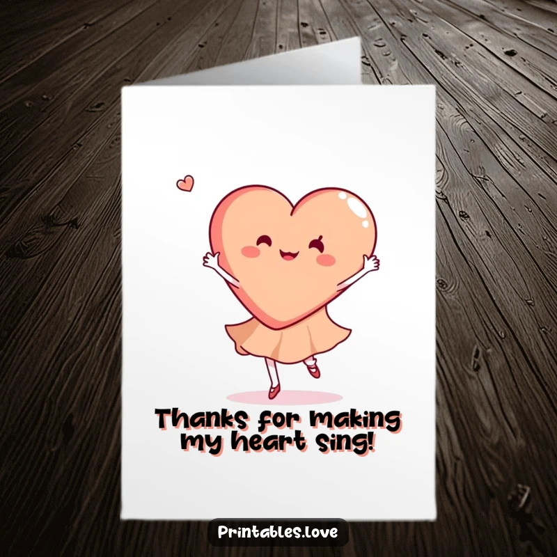 Funny free printable thank you card depicting a heart gracefully doing a joyful dance twirl, sending thanks with flair.