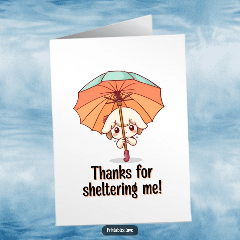 Funny Free Printable Thank You Card: Kawaii character peeking out from behind a large umbrella, with a cute and surprising thank you message.