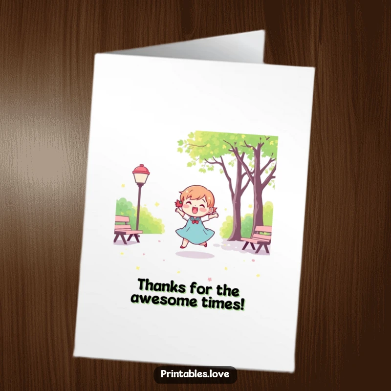 Funny free printable thank you card featuring a Kawaii character dancing with joy in a park, expressing thanks.