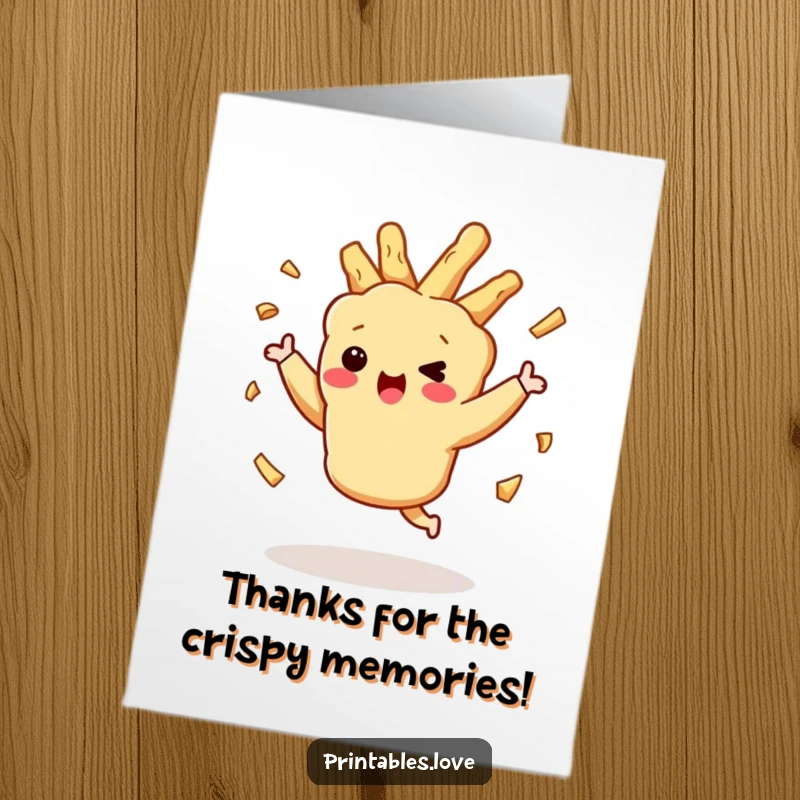 Funny Free Printable Thank You Card: A Tempura Character Dancing Playfully with Crispy Bits Flying About