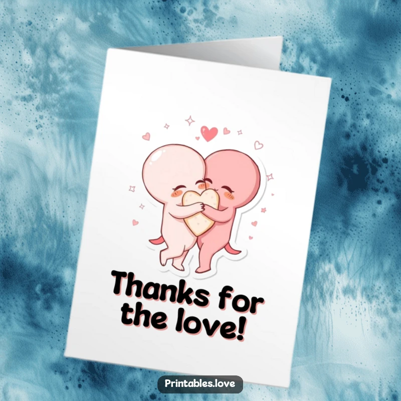Funny Free Printable Thank You Card: Two heart characters are in a tight, sparkling hug, conveying deep appreciation.