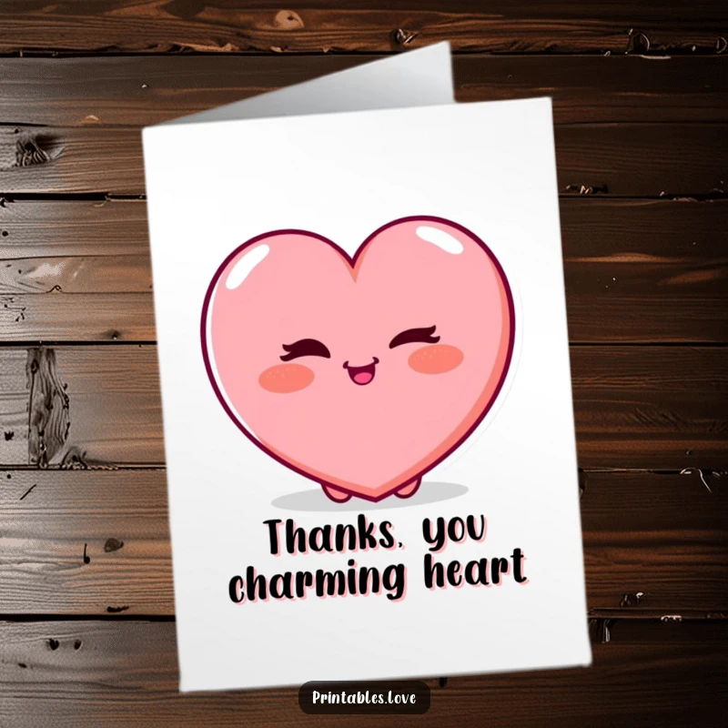 Funny Free Printable Thank You Card: A plump heart character winking with a rosy blush, conveying playful and sincere gratitude.