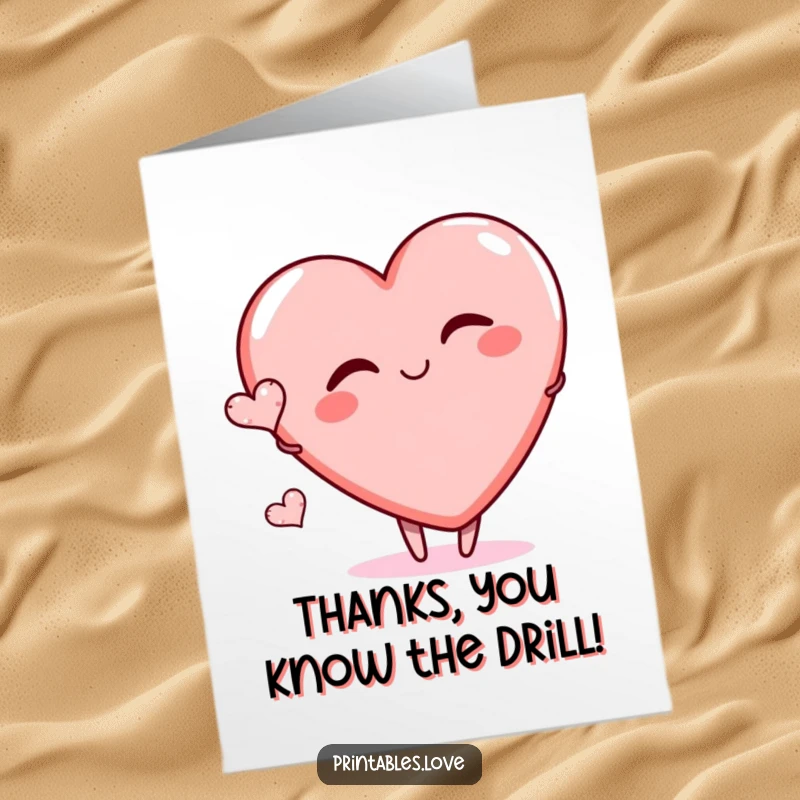 Funny Free Printable Winking Heart Thank You Card: Large heart winks playfully, a tiny heart nearby shows thanks.