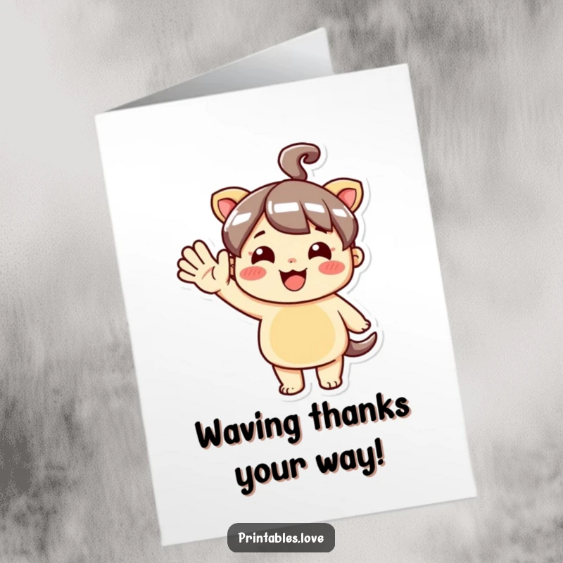 Funny Free Printable Kawaii character giving a huge, friendly wave hello to express sincere thanks with a big smile.