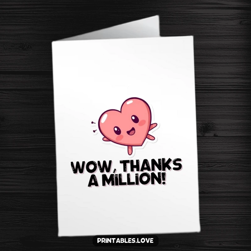 Funny Free Printable Thank You Card, a heart character tumbling head over heels with a surprised expression, expressing thankful shock.