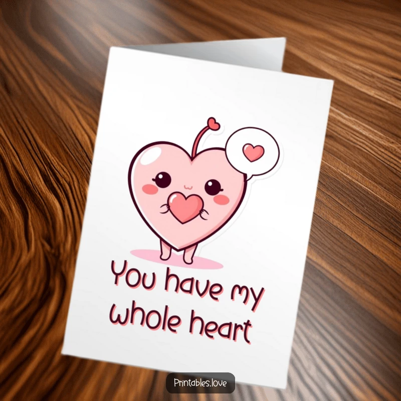 Funny Free Printable Heart Thank You Card: A heart character with a speech bubble carrying a tiny heart, sending thanks.