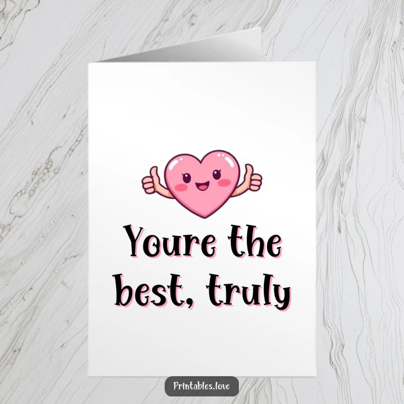 Funny free printable thank you card: a small pink heart with tiny arms gives a positive thumbs up.