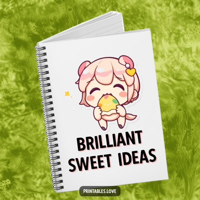 Funny notebook for notes, featuring a Kawaii character happily eating a sweet treat.