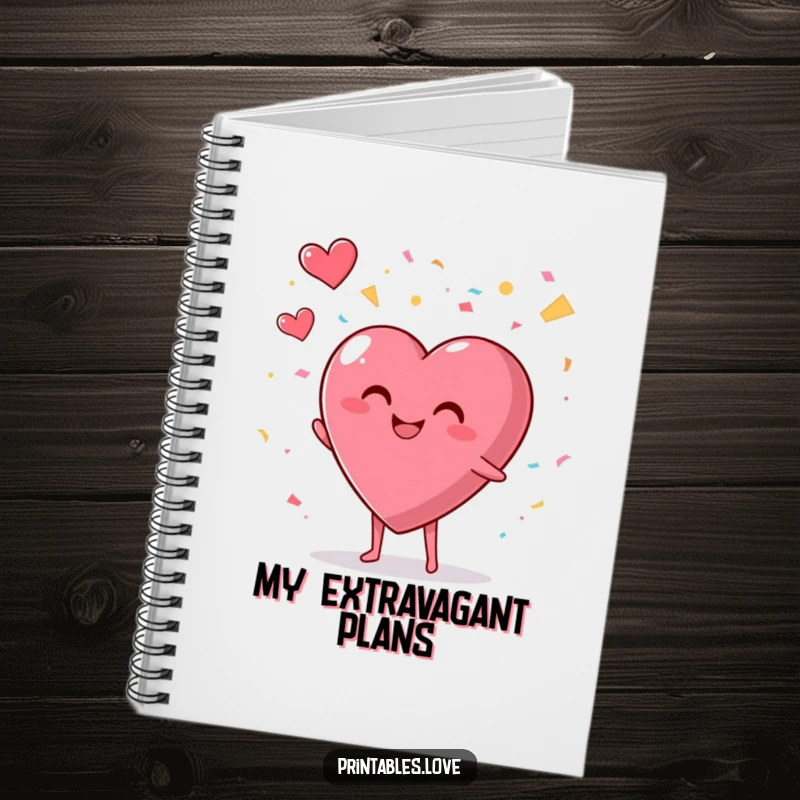Funny notebook with a smiling, plump heart character enthusiastically throwing confetti into the air, perfect for writing.