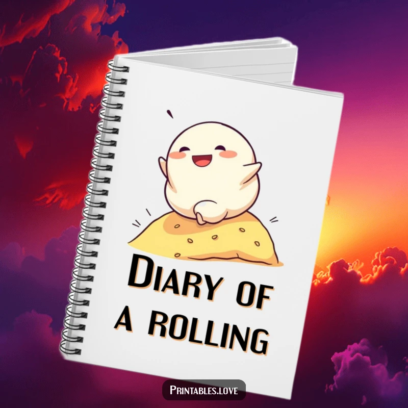 Funny notebook featuring a determined dumpling character rolling down a hill with glee on the cover, ideal for jotting down exciting ideas.