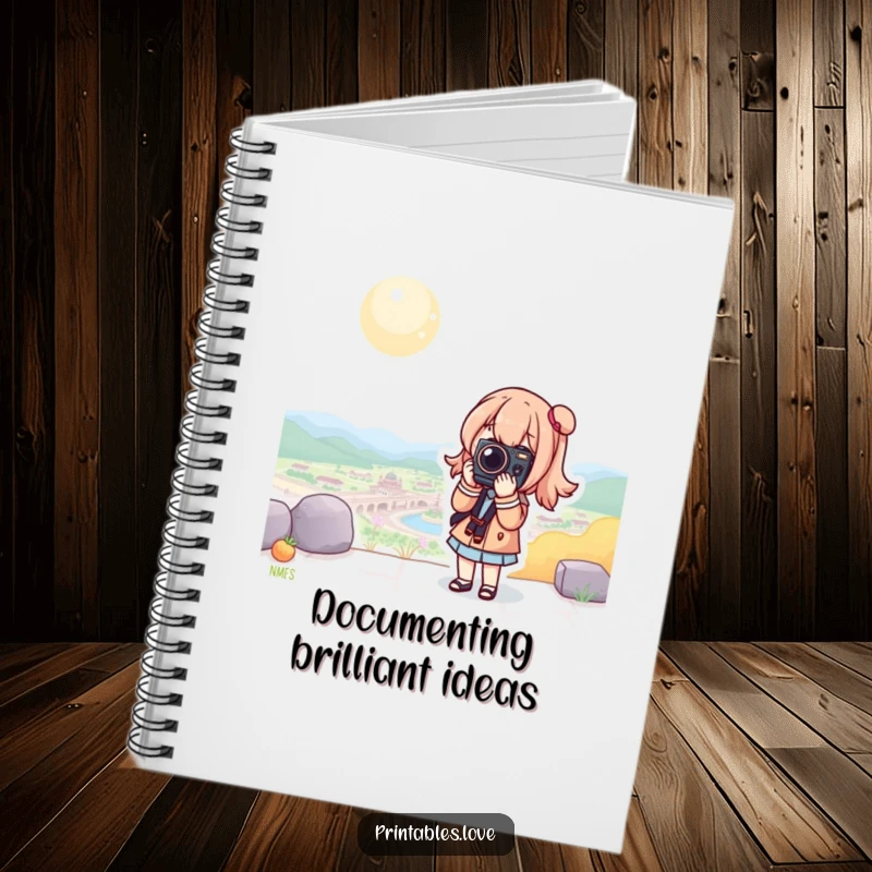 Funny Kawaii Camera Notebook: A notebook cover displaying a cute character posing with a camera in a beautiful scenic spot.