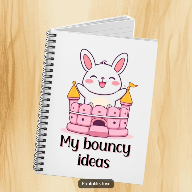 Funny bao bun notebook with a grinning character bouncing on a bouncy castle, perfect for note-taking with a playful food theme.