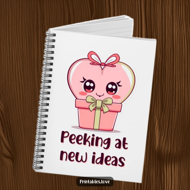 Funny notebook cover with a heart character peeking out with curious eyes from behind a gift box, ready for ideas.