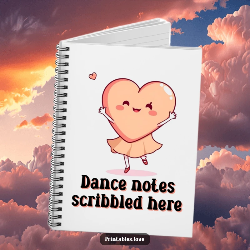 Funny notebook with a heart gracefully doing a joyful dance twirl, perfect for writing and creative inspiration.