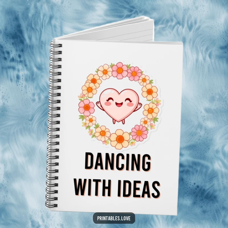 Funny notebook cover featuring a heart with a beaming smile, dancing joyfully within a circle of flowers.