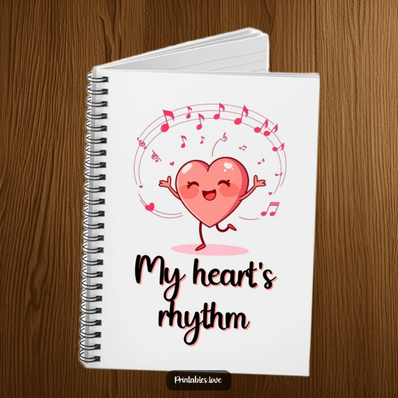 Funny notebook with a heart character happily dancing and musical notes swirling, perfect for journaling with musical humor.