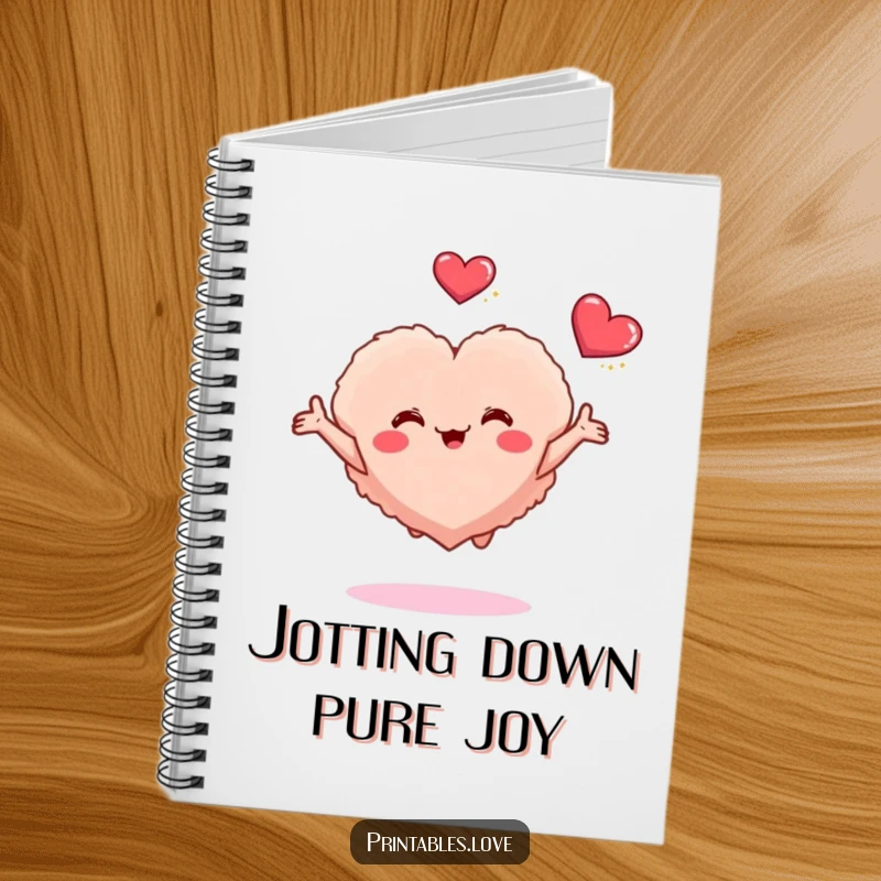 Funny notebook cover with a small fluffy heart character joyfully bouncing, arms outstretched, inspiring happy thoughts and notes.