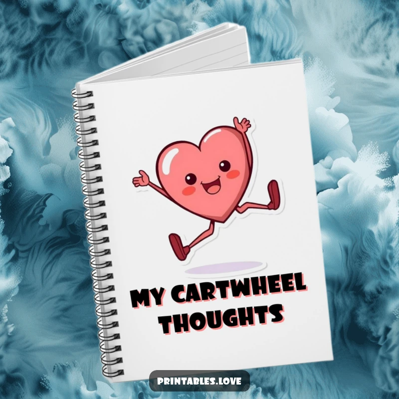 Funny heart notebook, a cartoon heart character doing a cartwheel with a happy expression, perfect for jotting ideas.