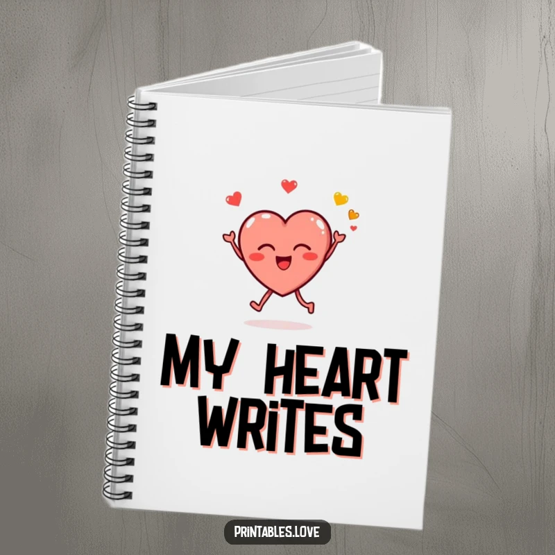 Funny notebook featuring a joyful heart character leaping and blowing kissy emojis, perfect for journaling thoughts with love and humor.