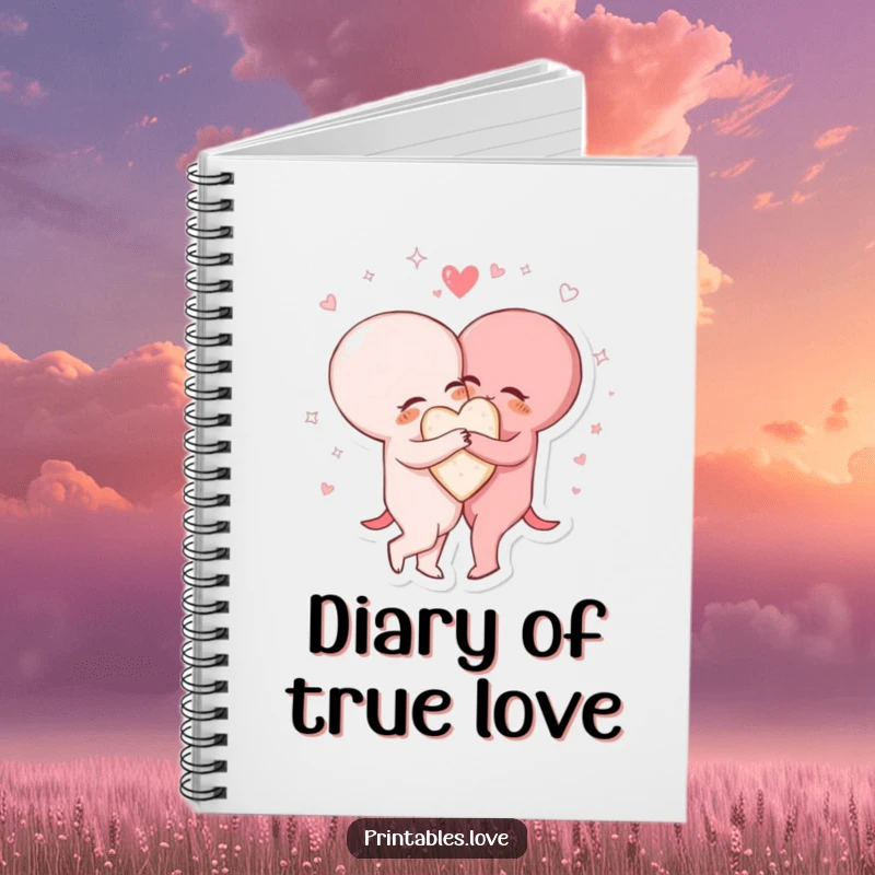 Funny notebook cover with two heart characters in a close hug, surrounded by sparkling swirls, symbolizing connection and shared feelings.