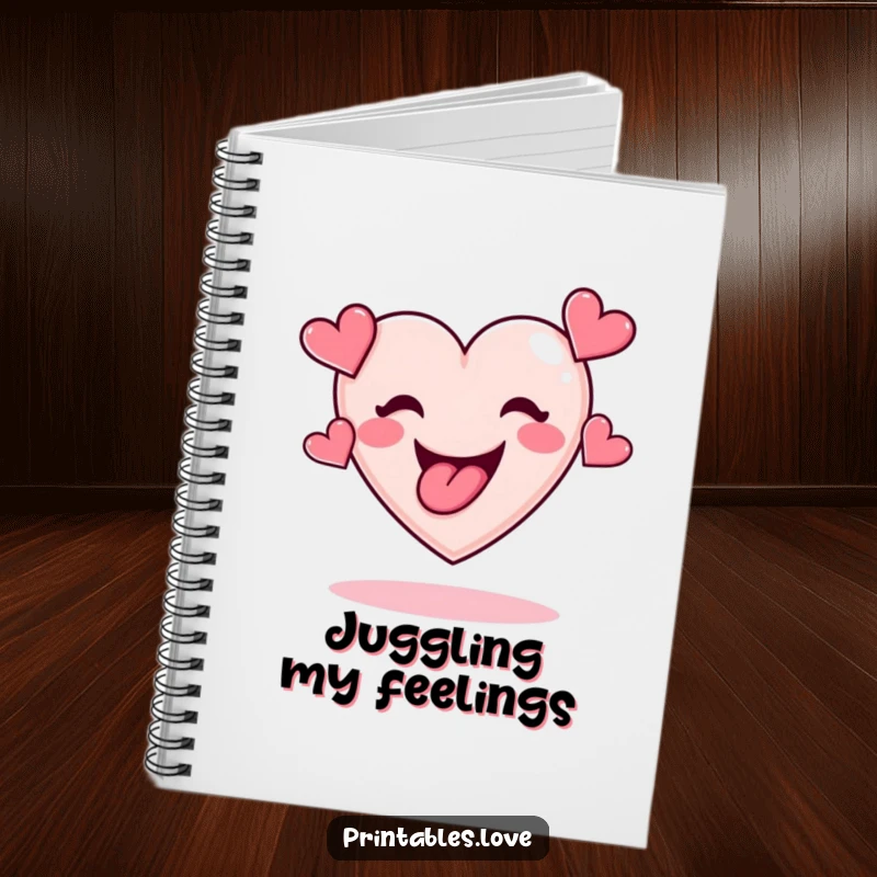 Funny notebook cover featuring a lively heart with its tongue out, juggling a delightful cluster of small hearts.