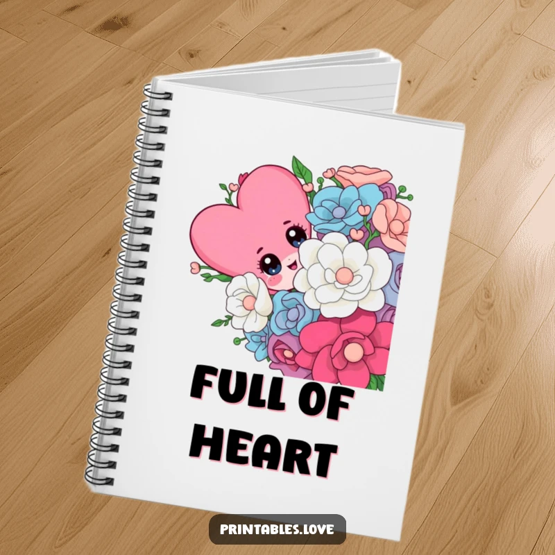 Funny notebook cover with a cute heart character with wide eyes peeking from behind a vibrant bouquet, encouraging creativity.
