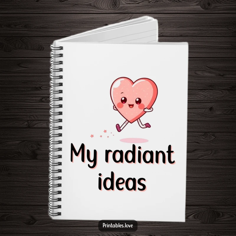 Funny notebook cover with a happy heart character skipping, leaving a trail of sparkles. Humorous and practical for writing.