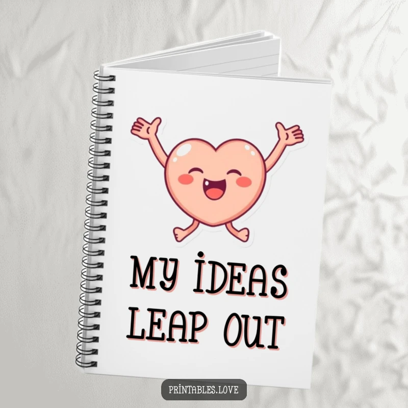 Funny Notebook featuring a small, round heart character joyfully leaping with arms outstretched, inspiring creative and happy thoughts.