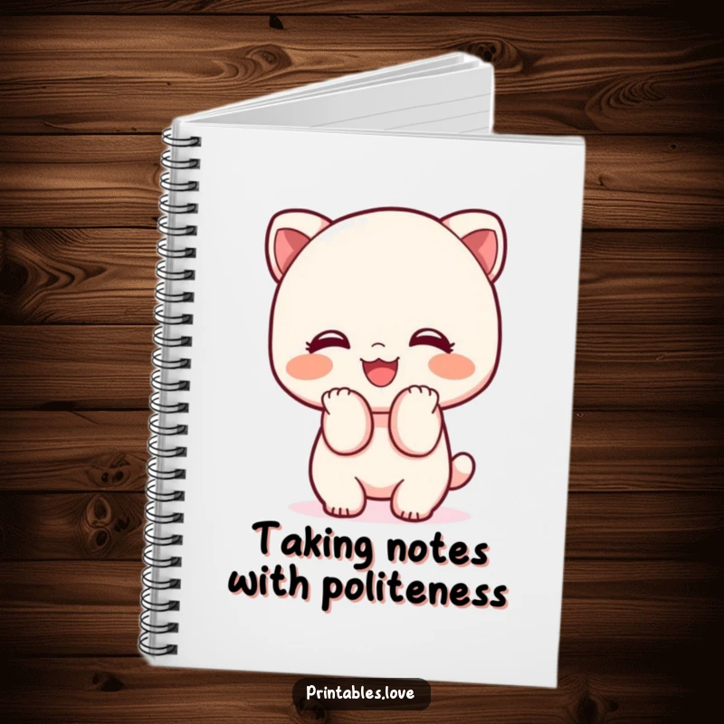 Funny Kawaii notebook with a cute character bowing politely with a big smile, ideal for journaling kind thoughts.