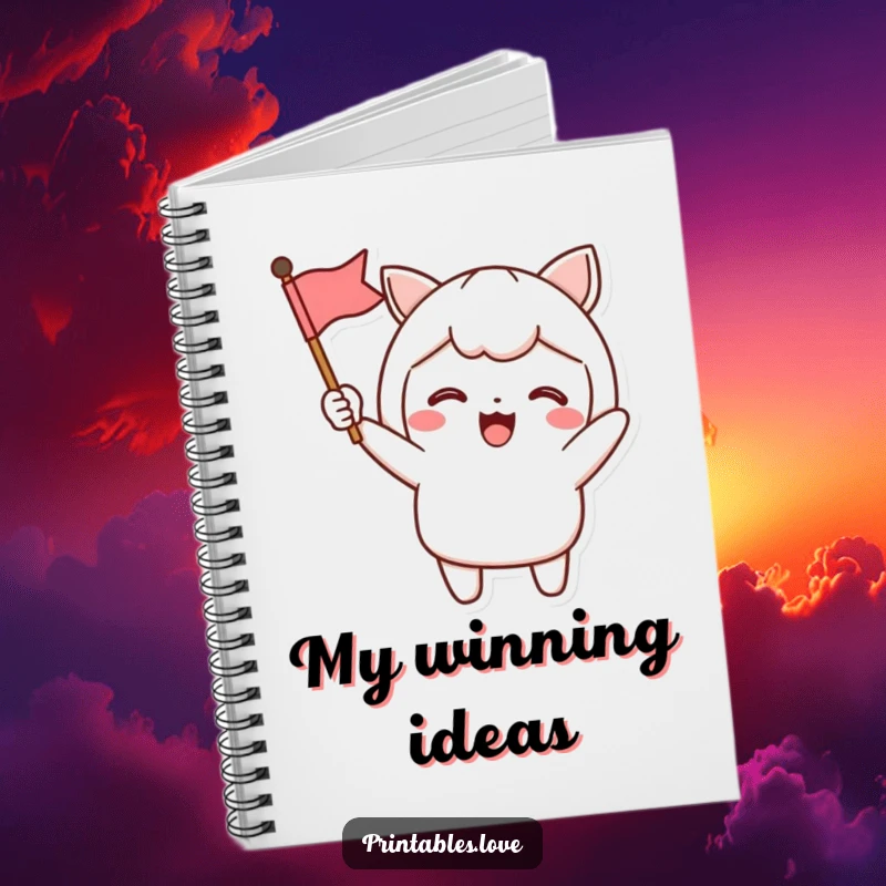 Funny Notebook with a Kawaii character excitedly waving a small flag, perfect for recording joyful moments and enthusiastic thoughts.