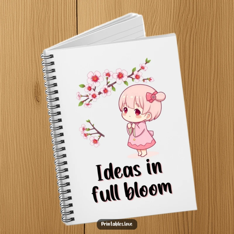 Funny Kawaii notebook with a cute character peacefully admiring a blooming cherry blossom branch, ideal for journaling and notes.