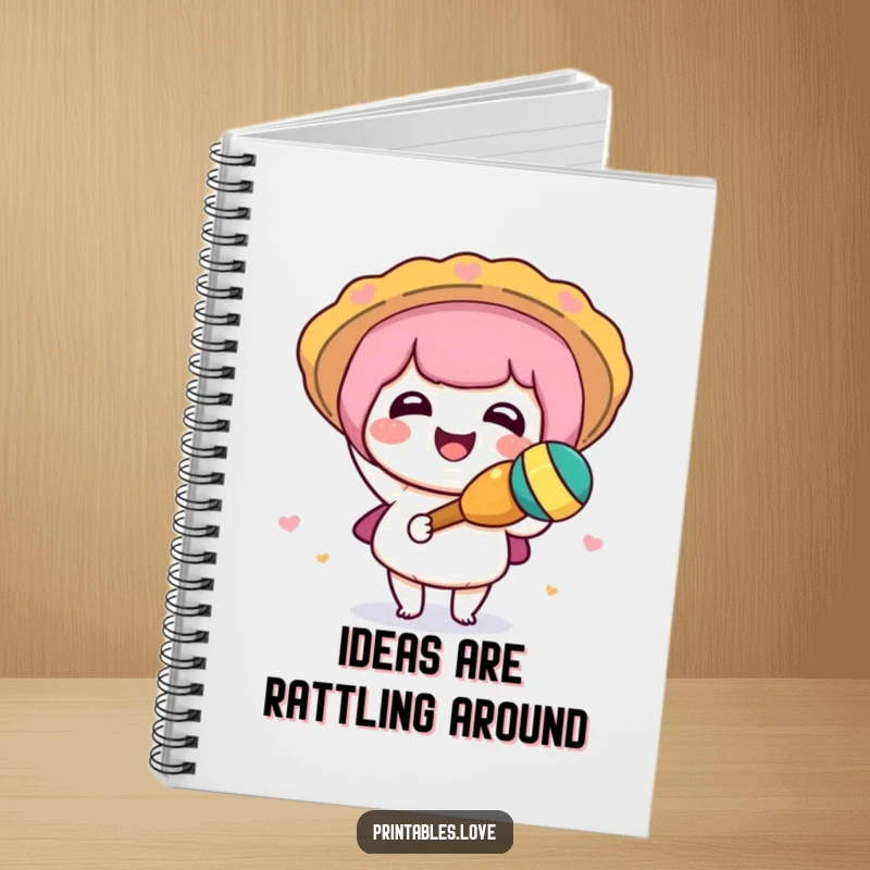 Funny Kawaii notebook with a cute character shaking a maraca, ideal for jotting down party ideas with cheer.