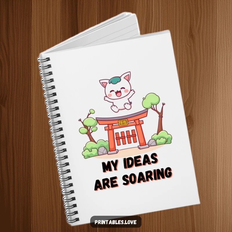 Funny Kawaii notebook with a cute character leaping over a torii gate, ideal for jotting down adventure plans.