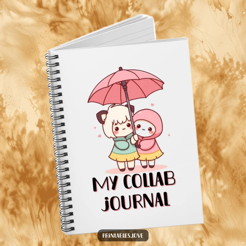 Funny Kawaii Umbrella Notebook: A notebook cover showing two cute characters sharing an umbrella, symbolizing support.