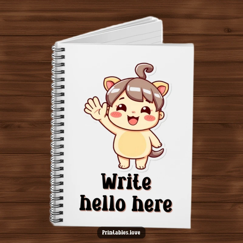 Funny Kawaii Notebook with a cute character giving an enthusiastic hello wave, inspiring creativity.