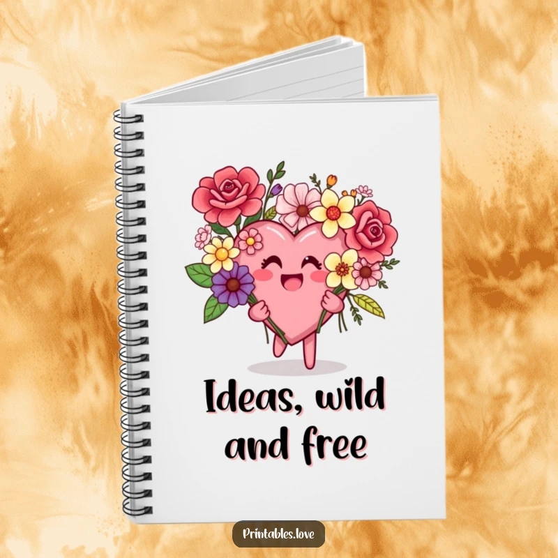 Funny notebook cover illustrating a heart character excitedly holding a bouquet made of various, mismatched flowers.