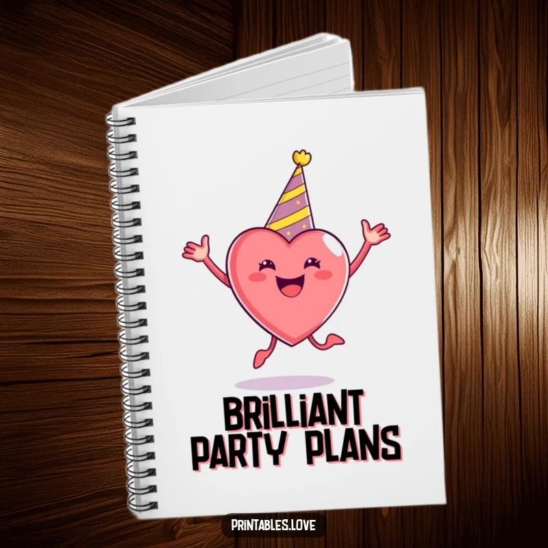 Funny Party Heart Notebook wearing a party hat, enthusiastically jumping, perfect for jotting down party plans with a festive flair.